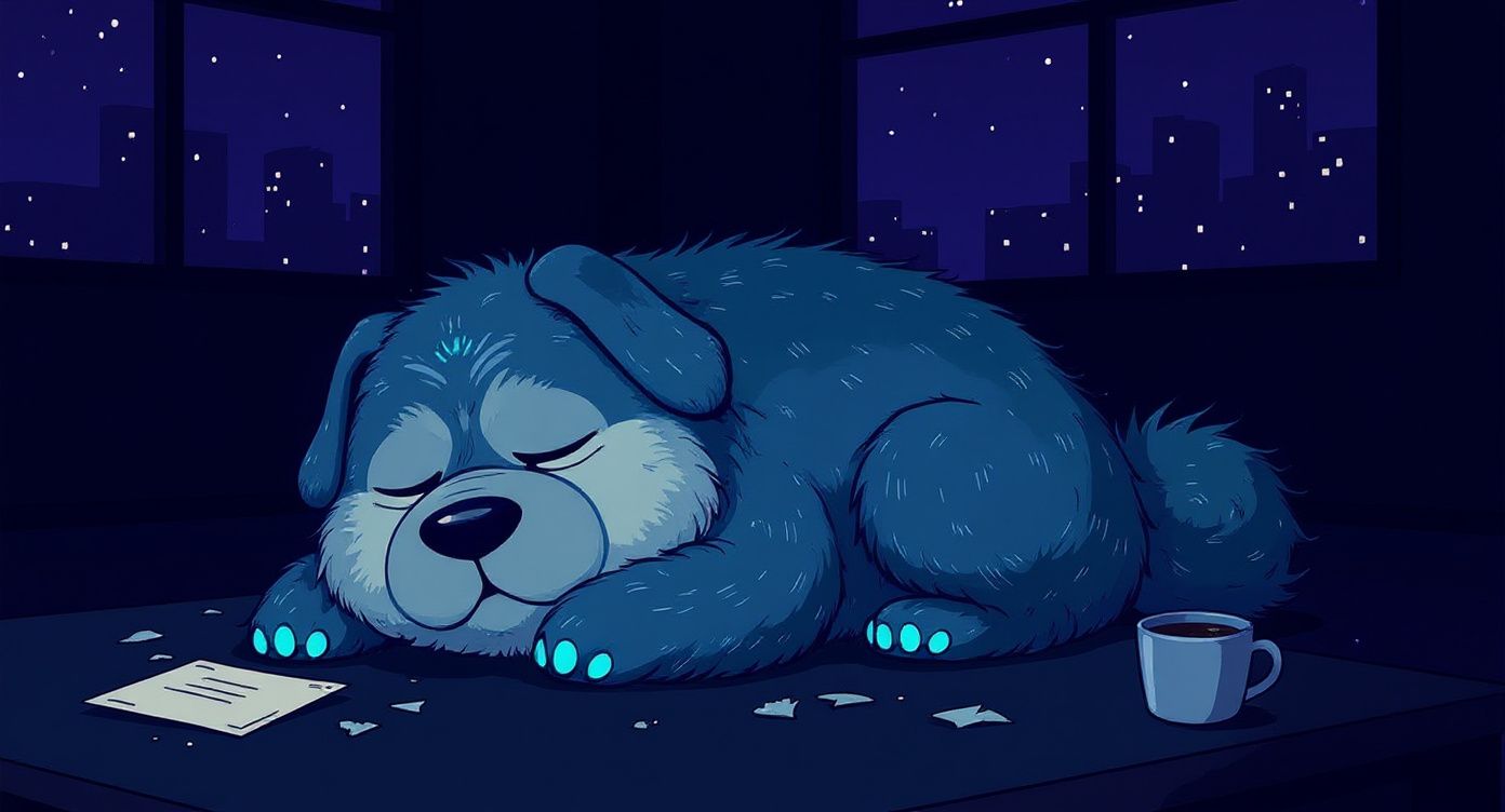 業務を食べ終えて満腹で眠る巨大なウバウ犬。まわりには書類の食べ残しとコーヒーカップ