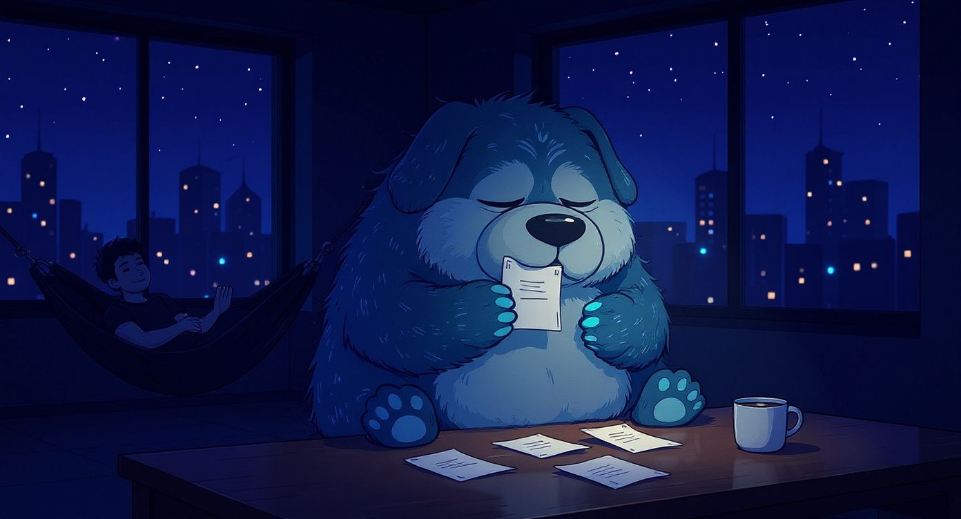 夜のオフィスで書類をはむはむ食べるウバウ犬。後ろのハンモックでは人間がコーヒーを飲んで寛いでいる